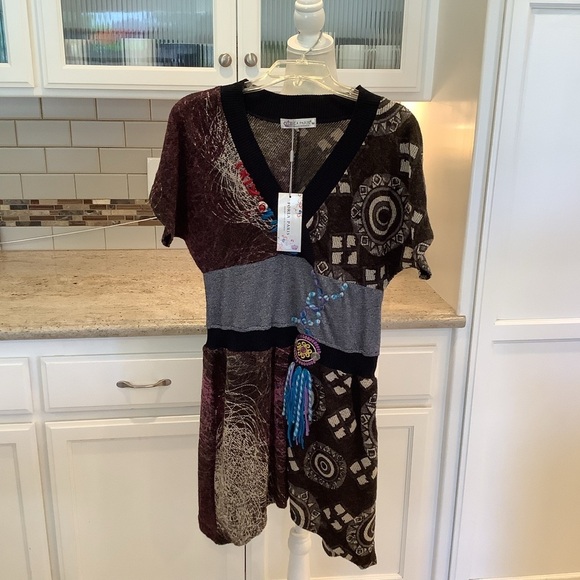 Boho Forla Paris Knit Dress NWT Art To Wear V-Neck - Picture 1 of 7